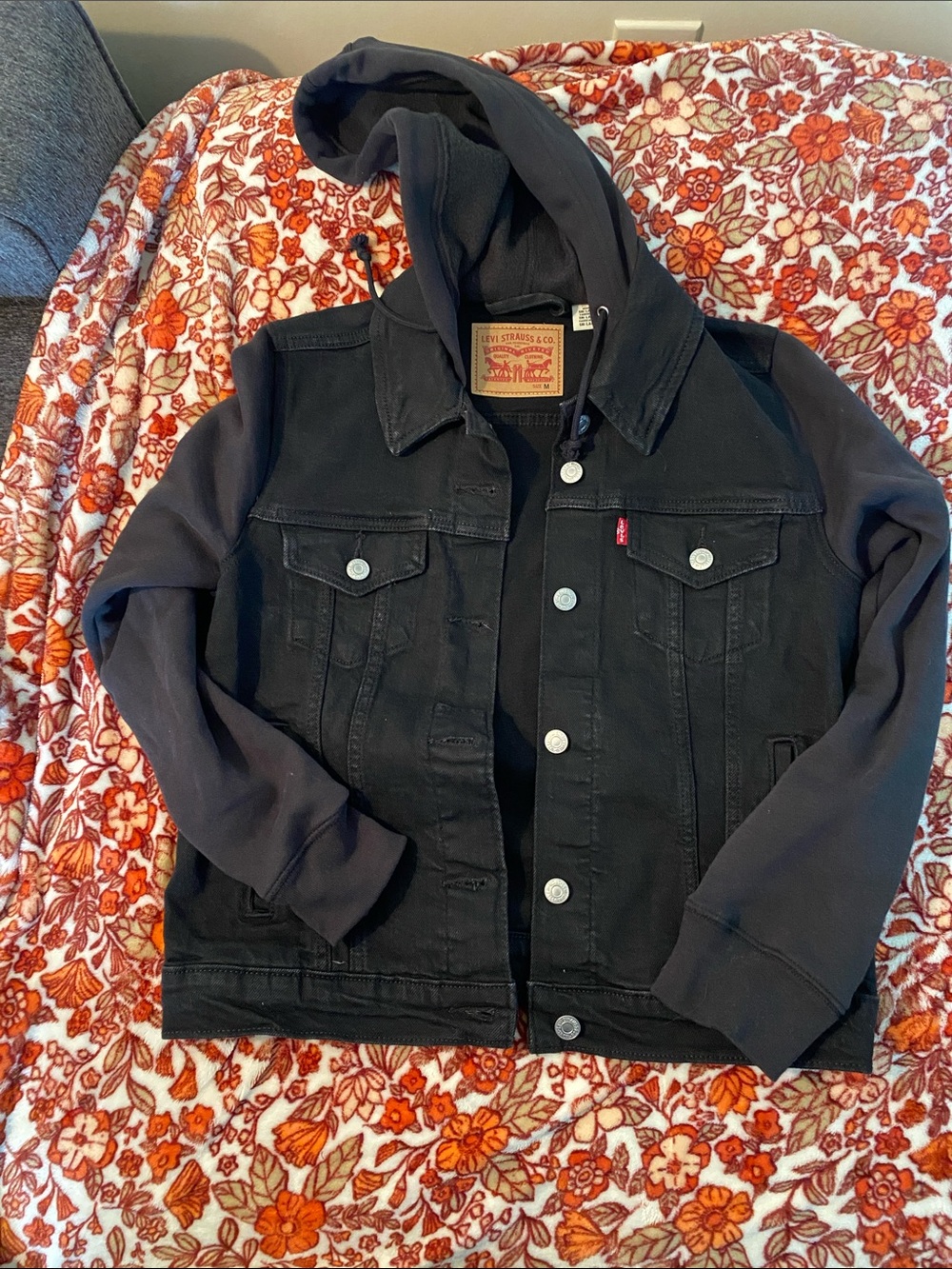 Levi's Black Denim Jacket with Dark Gray Hooded Sleeves
